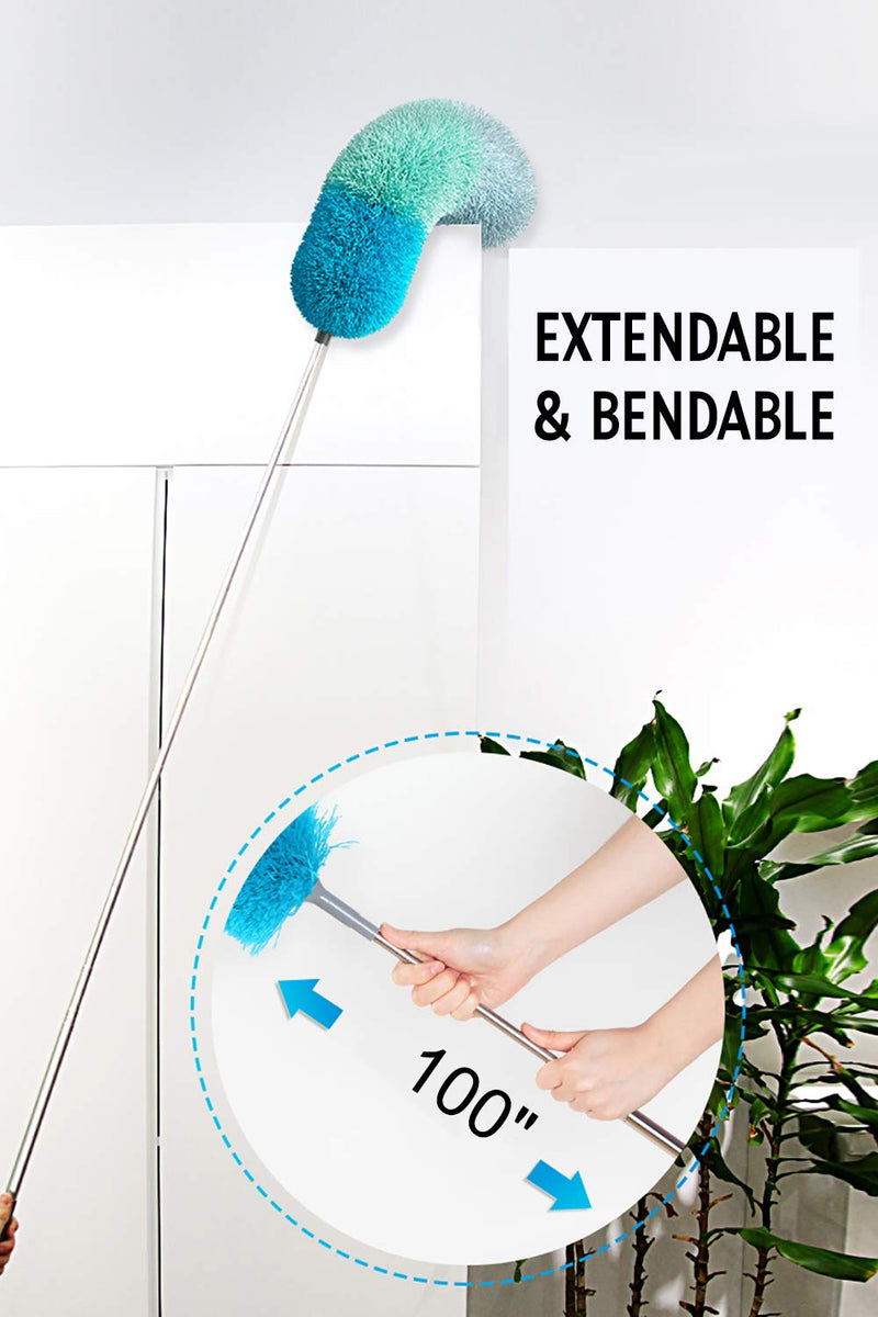 BOOMJOY Microfiber Telescoping Duster, 100" Extendable, Scratch-Resistant Cover, Stainless Steel Pole, Detachable Bendable Head, Washable, Green