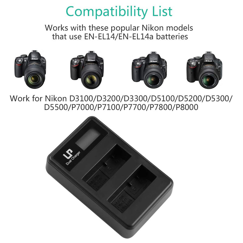EN-EL14 EN EL14a Battery Charger (LCD Display, Dual Slot), LP Charger Compatible with Nikon D3500, D5600, D3300, D5100, D5500, D3100, D3200, D5200, D5300, D3400, DF, Coolpix P7000, P7100, P7700, P7800