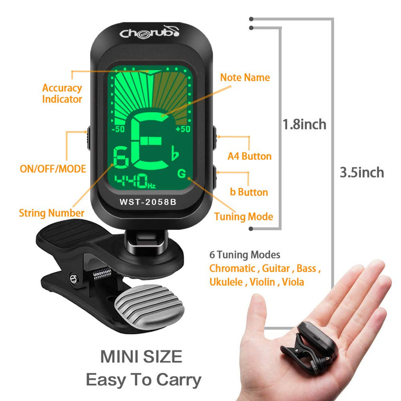 Cherub Guitar Tuner with 18 Pcs Picks, Clip-On Tuner for Guitar, Bass, Ukulele, Violin, Viola, Chromatic Tuning Modes, Fast & Accurate, Easy to Use