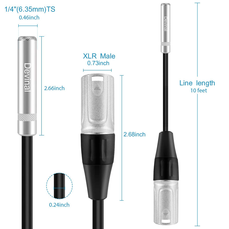 [AUSTRALIA] - Devinal XLR Male to 1/4" Female calbe, 3 Pin Male to 6.35mm Socket Audio Cord, XLR Plug to TS/TRS Quarter inch Adapter Connector Converter Metal Construction 10 Foot 3m 1/4 to XLR Male Cable 10 FT 