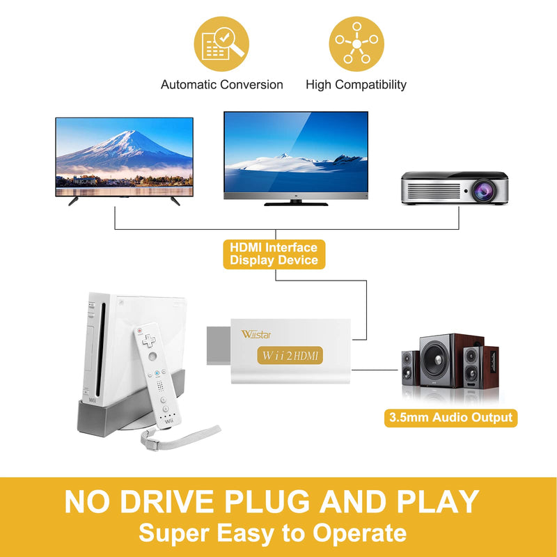 Wii to HDMI Converter Adapter 1080P with 3.5mm Jack Audio Output Supports All Wii Display Modes Compatible with Wii U, HDTV, Monitor