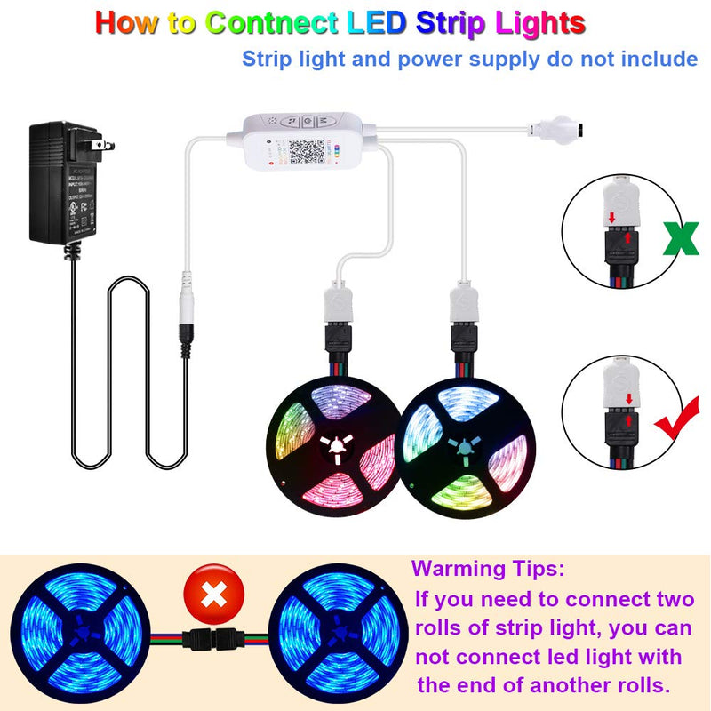 Bluetooth LED Controller, Walwee Dual Output Smart RGB Controller Dimmerable LED Music Sync Controller Box with 24-Key Remote APP Control for RGB LED Strip Light, Work with Android and iOS System 2 Port Bluetooth