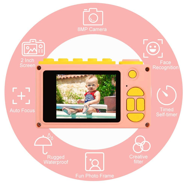 myFirst Camera 2 Waterproof Kids Camera Mini 8MP 1080P HD Camcorder with Free 16GB MicroSD Card Included and MicroSD Support Slot Video Taking Function and Preset Frames (Pink) Pink