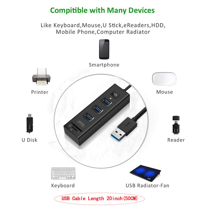 USB 3.0 Hub, Zedela USB Hub 3.0 with SD Card Reader (3 USB 3.0 Port Adapter + SD/TF/Micro SD Card Reader), 5Gbps SD to USB Adapter for Computer(Windows,iMac,MacBook Pro/Air), IdeaPad-with Power Switc Black