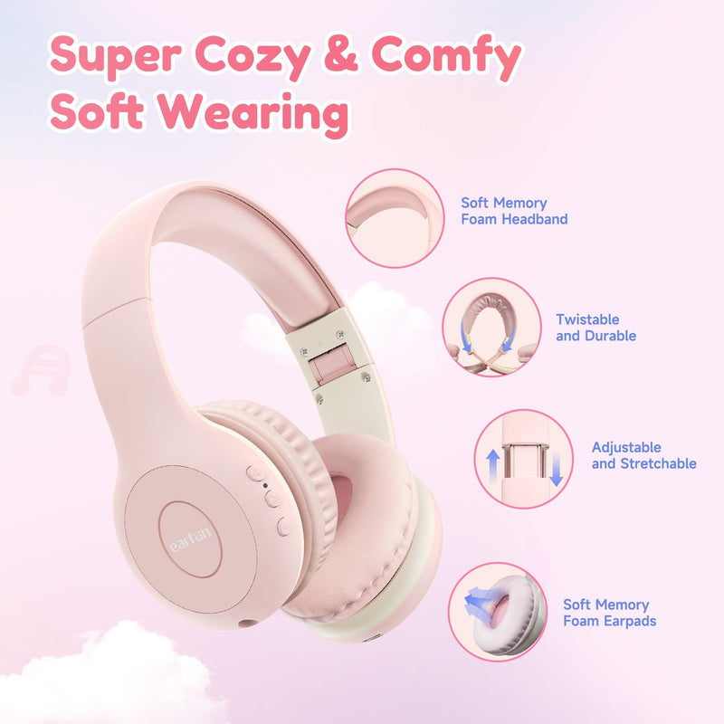 [AUSTRALIA] - Kids Bluetooth Headphones, EarFun K2 Kids Headphones with Volume Limited, 40H Playtime, Bluetooth 5.0 Headphones with Mic, Stereo Sound, Foldable Over-Ear Headphones for Kids/School/Travel/Tablet Pink 