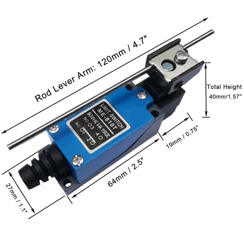 Momentary Limit Switch Travel Switch,Yusheng 2-Packs ME-8107 Adjustable Rod Lever Arm Limit Switch 1NC+1NO for CNC Mill 3D Printer Door Switch (ME-8107 Adjustable Rod Lever Arm, 2PCS)