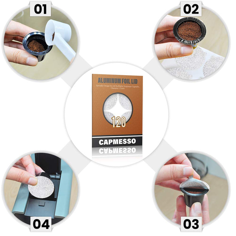 CAPMESSO Espresso Foils -Coffee Pod Seal Lids to Reusable Nespresso Capsules Refillable Pods Compatible with Nespresso Original Line Machines120PCS/Package Silver Color