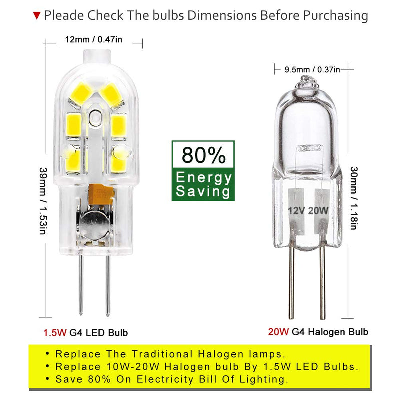 G4 LED Light Bulbs G4 Bi-Pin Base 1.5W (20W Halogen Bulb Equivalent) 12V Daylight White 6000K LED Bulbs for Landscape Ceiling Under Counter Puck Lighting,Pack of 10,Clear Cover(10, G4 Daylight)