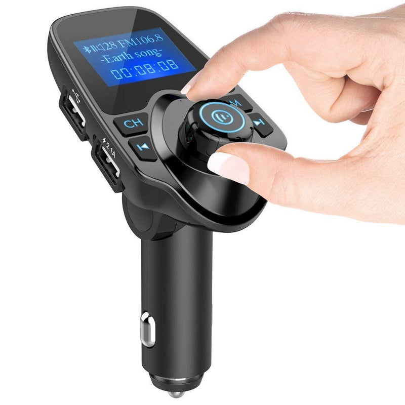 Nulaxy Bluetooth Car FM Transmitter Audio Adapter Receiver Wireless Handsfree Voltmeter Car Kit TF Card AUX USB 1.44 Display - KM19 Black