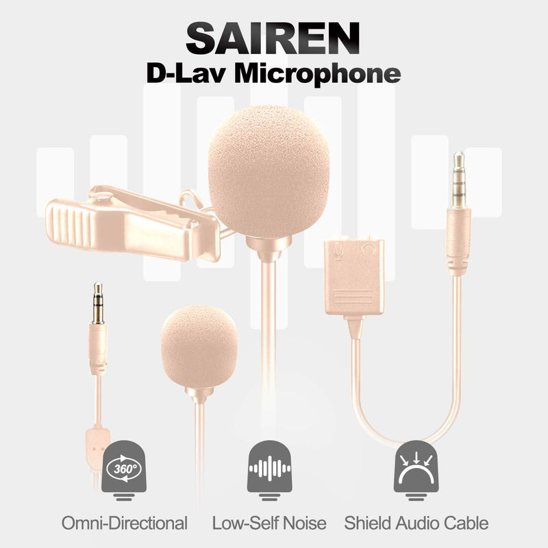 6M SAIREN Dual Head Laviler Microphone, Omnidirectional Condenser Mic Compatible for iPhone Smartphone Desktop, DSLR, for Sony Canon Nikon for Vlog Interview Video Shooting Accessories (Champagne) Champagne Lavalier Dual Head