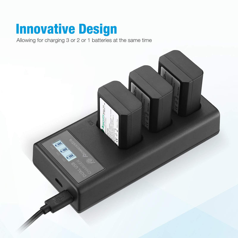 Powerextra NP-FW50 Rechargeable Battery Charger Set for Sony A6000 A6500 A6300 A7 A7II A7SII A7S A7S2 A7R A7R2 A7RII A55 A510 RX10 RX10II (3 Pack Batteries and 3 Channel Charger LCD Display)