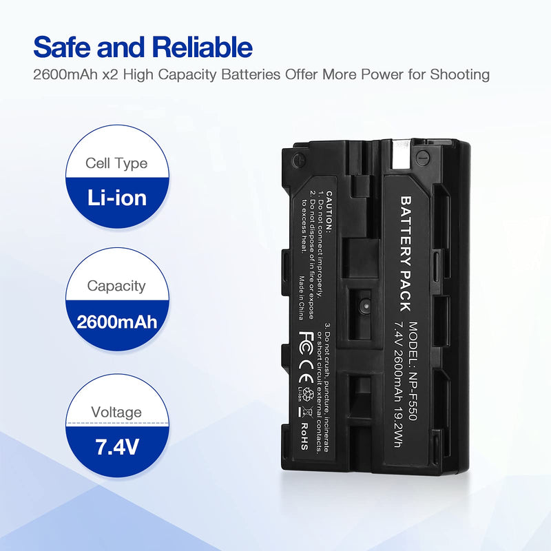 Powerextra NP-F550 Charger Set, 2 x NP-F550 Batteries with and Dual USB Charger Compatible with Sony NP-F550, F970, F750, F570, F530, F330, CCD-SC55, TR910, TR917, CN160, CN-216 LED Light and More