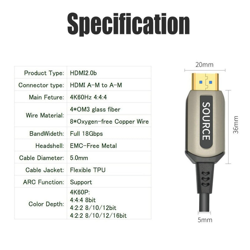 Jeirdus 50ft AOC HDMI Fiber Optic Cable Ultra HDR HDMI2.0b 18 Gbps,Support 4K60HZ ARC HDR10 HDCP2.2, Dolby Vision, Light Speed Slim and Flexible 50ft(15meters) Fiber HDMI cable