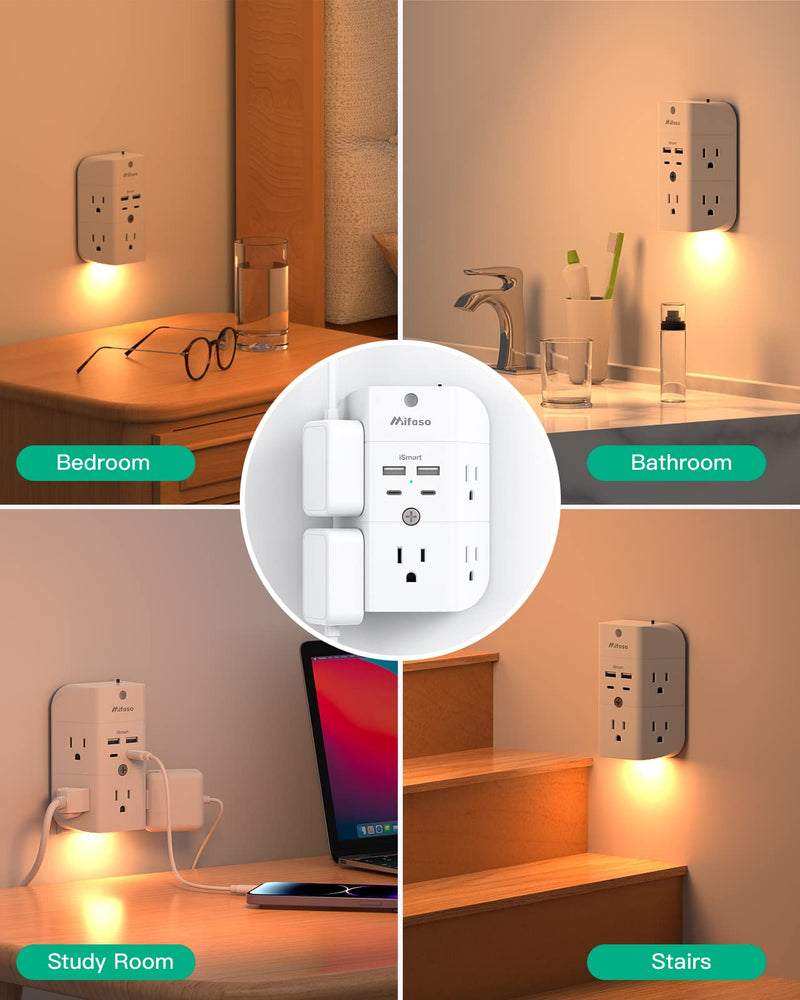 Surge Protector Outlet Extender - with Night Light, 5-Outlet Splitter and 4 USB Ports (2 USB C Charger), Multi Plug Outlet for Home, Dorm Room Essentials with 2 USB-A & 2 USB-C