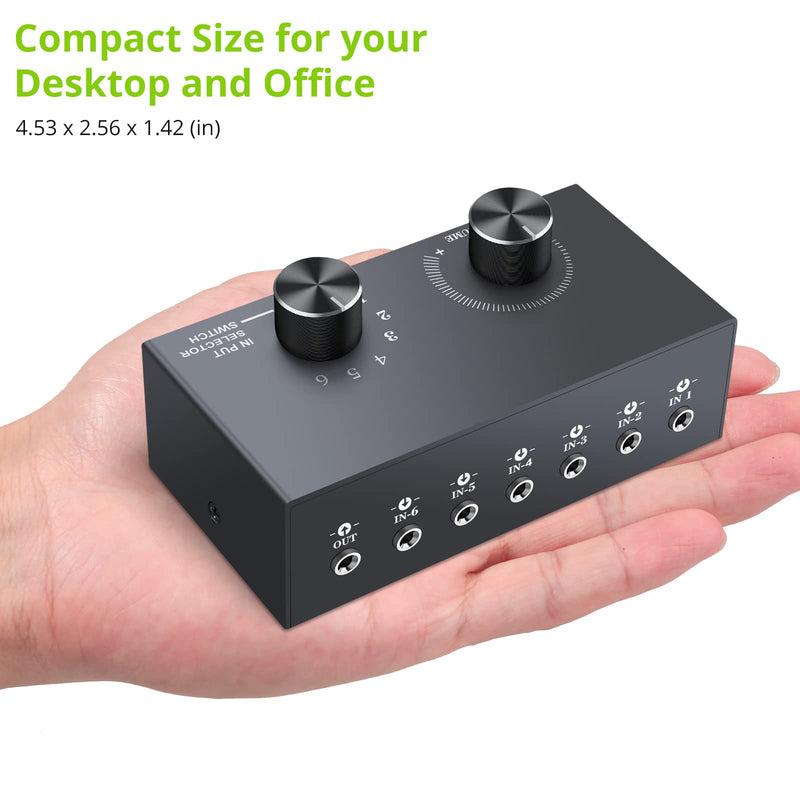 LiNKFOR 6 Ports 3.5mm Audio Switch Bidirectional 3.5mm Audio Switcher Support 1 in 6 Out or 6 in 1 Out with Volume Control No External Power for PC Phone Headphone Stereo Speaker CD Player