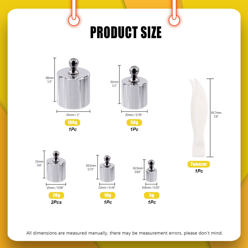 Mardatt 7 Pcs Precision Scale Calibration Weight Set, 5g 10g 2x20g 50g 100g Grams Steel Weights Calibration with Tweezers for Digital Balance Scale, Jewellery Scale, M2 Class(Total 200g)