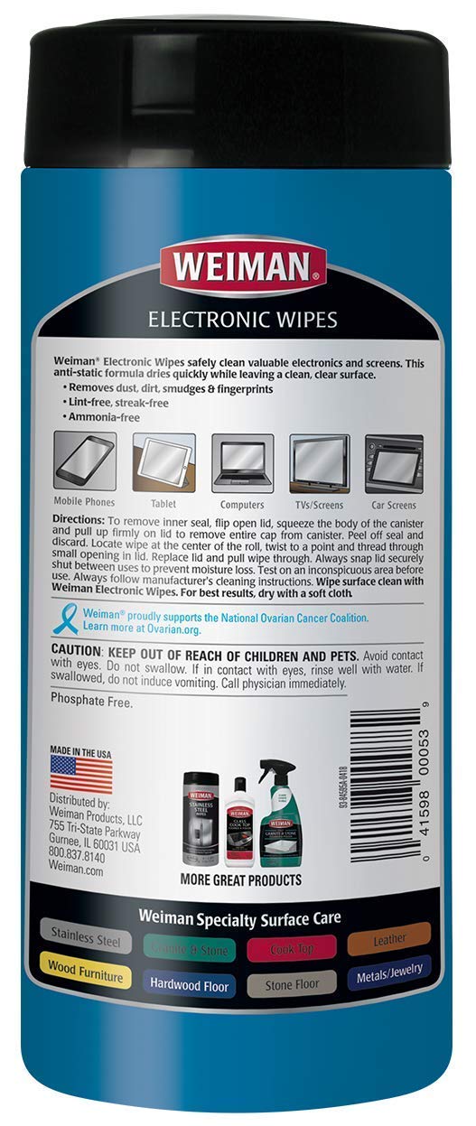 Weiman Anti-Static Electronic Cleaning Wipes For LCD Screens, Computers, TVs, Tablets, E-readers, Smart Phones, Netbooks, and Touchscreens (30 Wipes) 30 Count (Pack of 1)