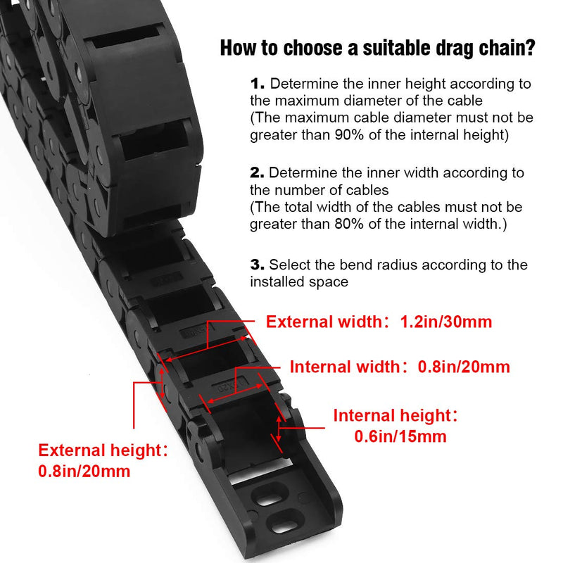 LMioEtool R28/38 15mm x 20mm(Inner H x Inner W) Black Plastic Cable Wire Carrier Drag Chain 1M Length for CNC, with End Connectors - Semi Enclosed Type (Inner Side openable) 15*20B