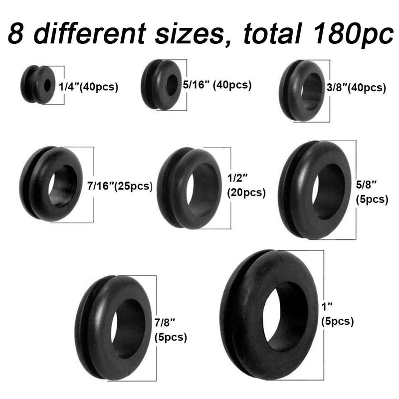 Eyech 180pc Rubber Grommet Assortment Kit Firewall Hole Plug Assortment in 8 Common Sizes Set Rubber Wire Grommets for Wire Plug and Cable