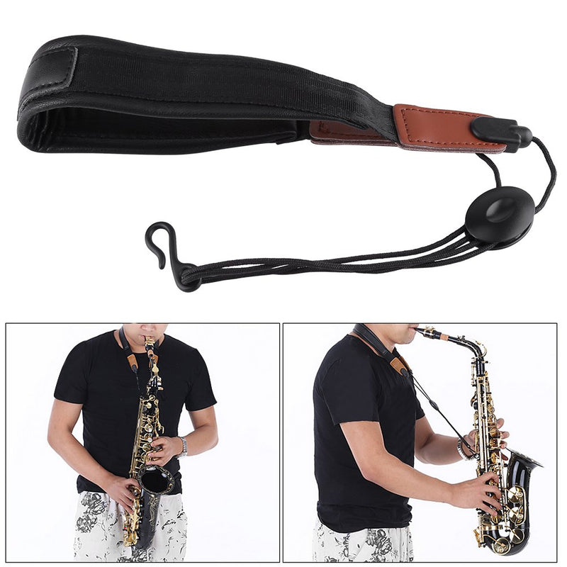 Saxophone Neck Strap Universal Adjustable Soft PU Leather Black Neck Strap Padded with Metal Hook Music Parts