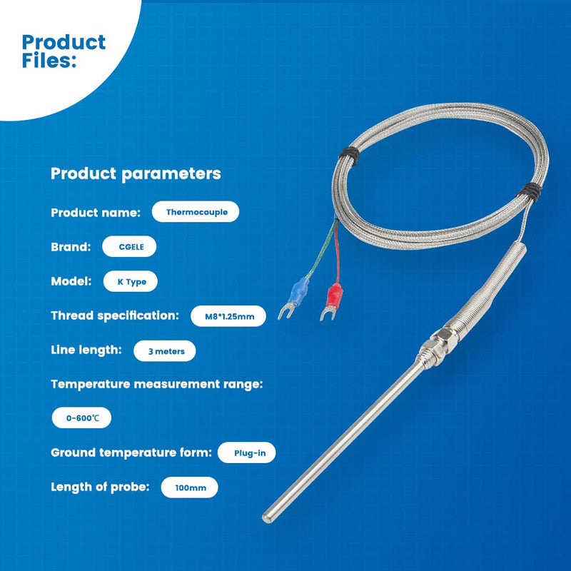CGELE K-Type Thermocouple Temperature Sensors 0~600℃，3M/9.8Ft Wire Probe Length 100mm Two Wire 100×5mm Stainless Steel Probe Temperature Detector Temperature Gauge Probe Length 100mm(3M)