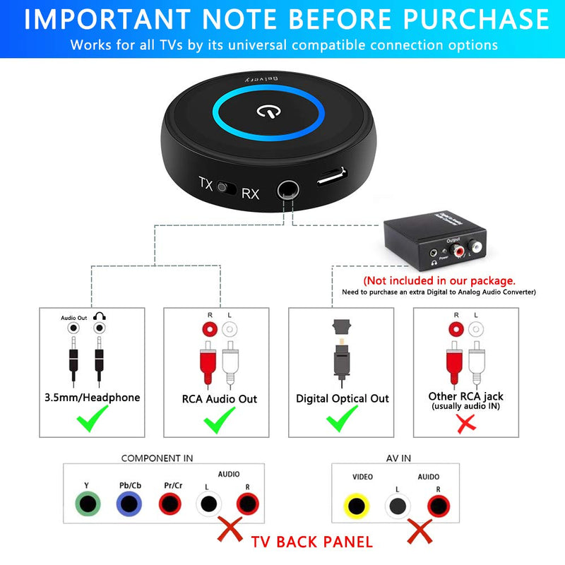 Golvery Bluetooth 5.0 Transmitter Receiver for TV, Aptx LL/FS 40ms Wireless Audio Adapter for Home Car Stereo PC CD Radio Xbox PS4 w/ 3.5mm RCA AUX Jack, Pair 2 Headphones, No Delay, Plug n Play Black