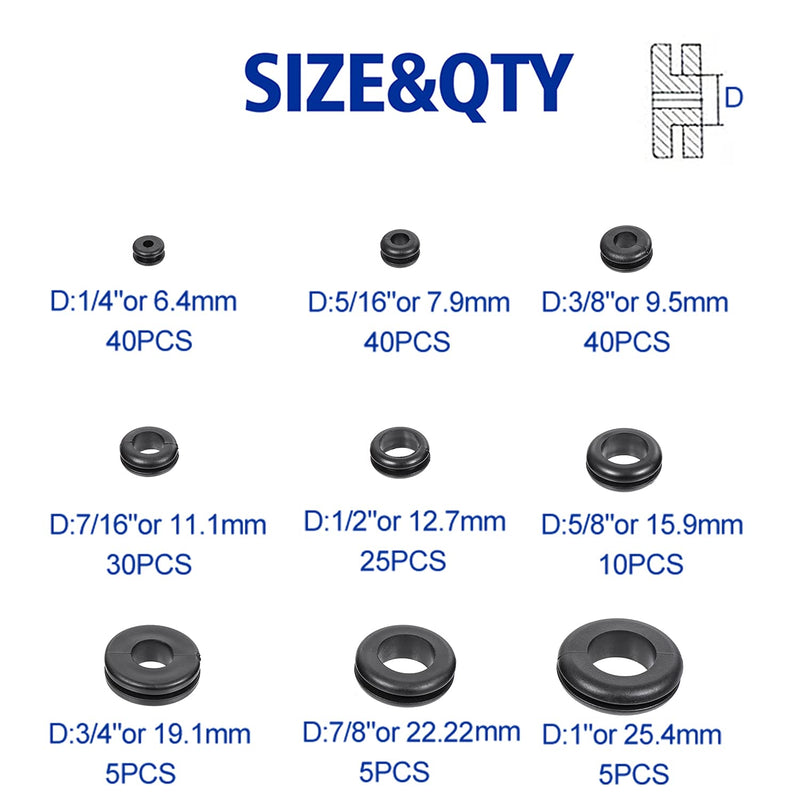 BUSY-CORNER 200 Pieces Hollow Rubber Grommet Firewall Hole Plug Assortment Kit, 1/4", 5/16", 3/8", 7/16", 1/2", 5/8", 3/4'', 7/8", 1''