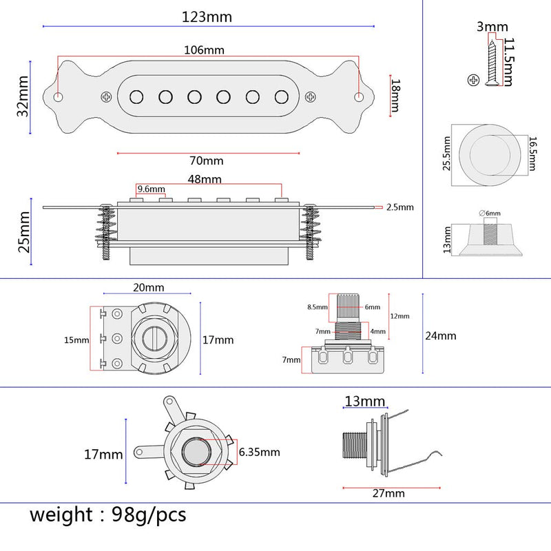 Alnicov White Sound Hole Magnetic Pickup with Tone Volume Knobs for 6 String Folk Acoustic or Electric Guitar