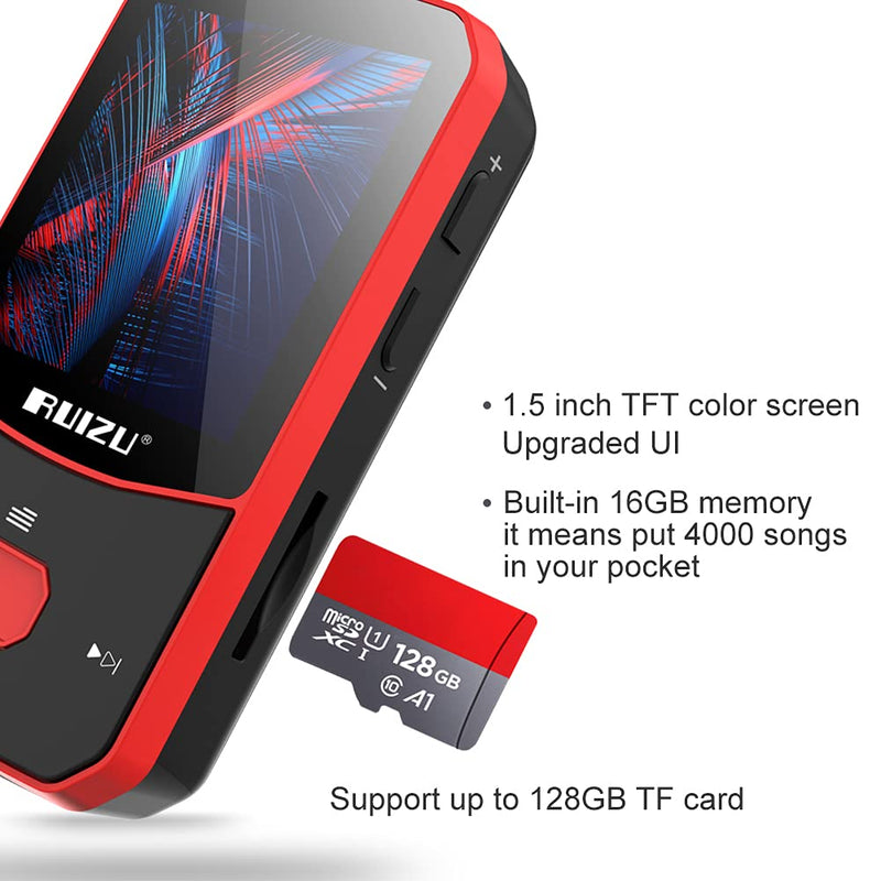 Clip Mp3 Player with Bluetooth 5.0, 16GB Lossless Sound Music Player, with FM Radio Voice Recorder Video Earphones for Running, Support up to 128GB(Red) Red 16 GB
