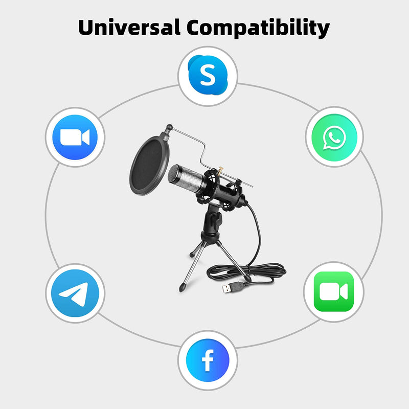 USB Microphone, Condenser Computer PC Mic with Tripod Stand, Pop Filter, Shock Mount for Gaming, Streaming, Chatting, YouTube, Skype, Compatible with Laptop Desktop - Bomaite E300, Black