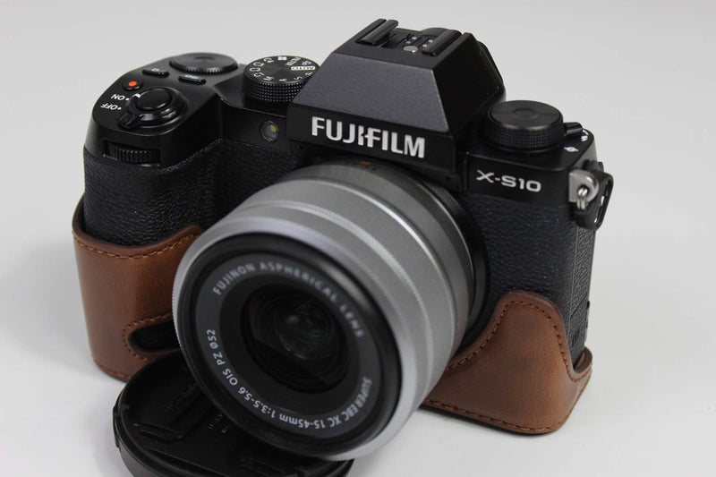 X-S10 Case, BolinUS Handmade PU Leather Fullbody Camera Case Bag Cover for Fujifilm Fuji X-S10 XS10 with 15-45mm Lens Bottom Opening Version + Neck Strap + Mini Storage Bag (Coffee) Coffee