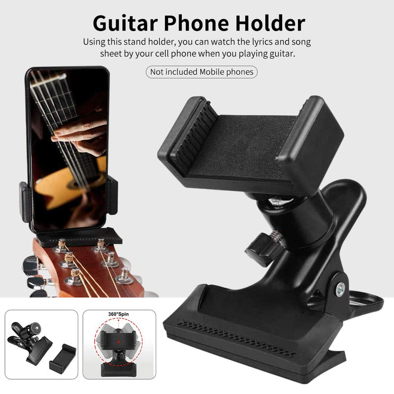 POHOVE Guitar Head Clip, Guitar Phone Holder, Smartphone Guitar Capo, Guitar Headstock Mobile Phone Clamp Clip Mount for Smartphone and Action Cameras, Close Up Home Music Recordings Black