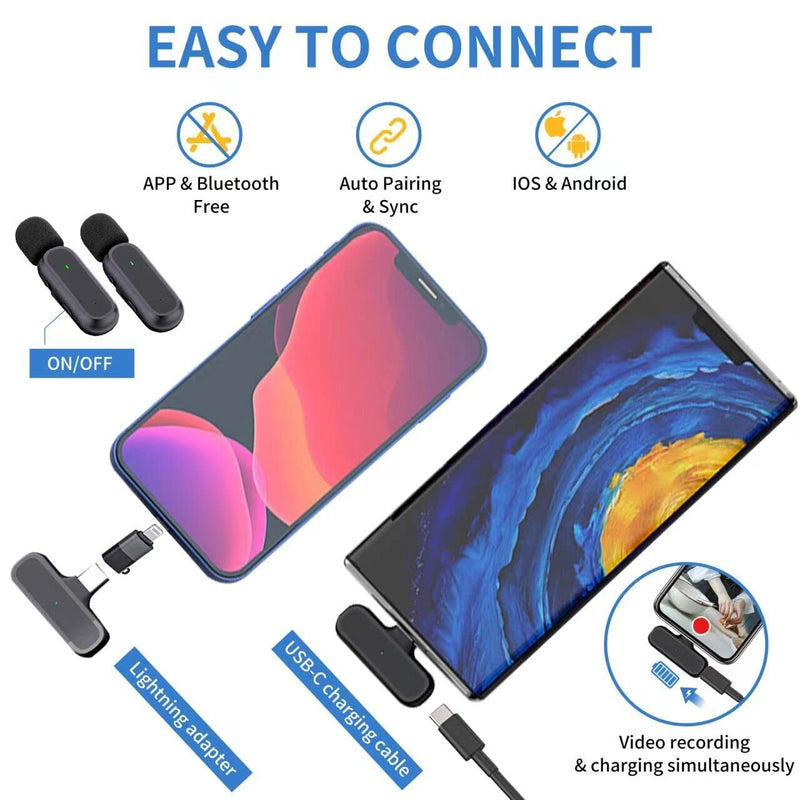 [AUSTRALIA] - 2 Pack Professional Wireless Lavalier Microphone for Android, iPhone iPad with Adapter Included Noise Reduction Plug-Play Clip on Lapel Mic for Youtube, Recording, Vlog, Facebook Live Streaming 