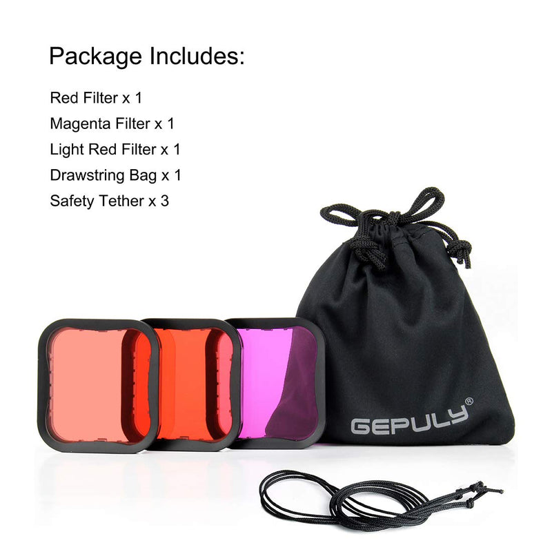 GEPULY 3 Pack Dive Filter (Red, Light Red, Magenta) for GoPro Hero 5 6 7 Black Hero(2018) Super Suit Housing - Color Correction in Scuba Diving, Snorkeling and Underwater Photos and Videos 3-Pack Dive Filters for Hero 5/6/7/2018 Super Suit Housing