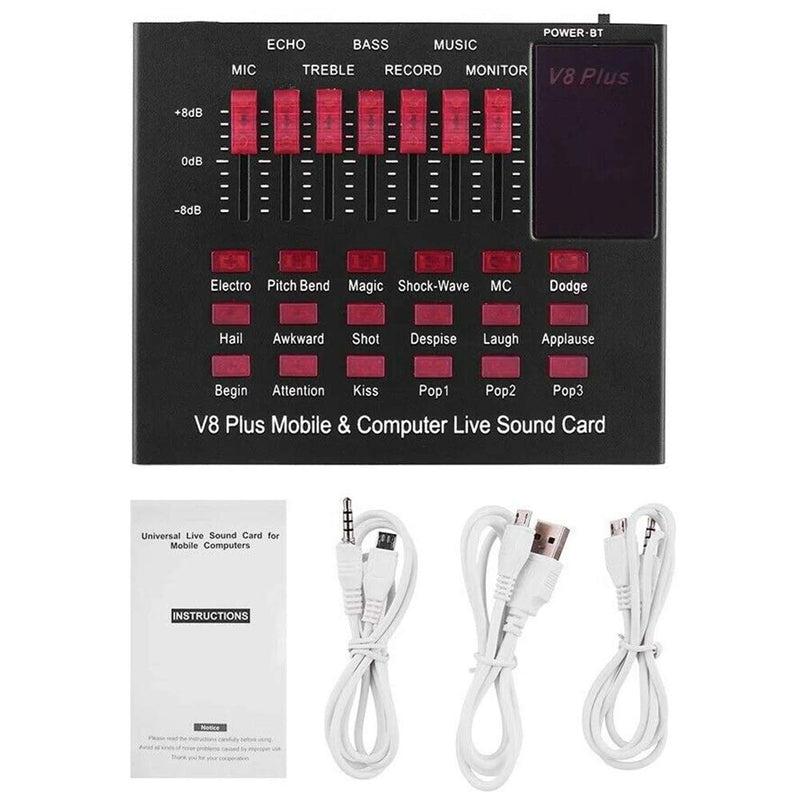[AUSTRALIA] - Sound Mixer Board Sound Card,USB Charging V8 Plug Broadcast Mixing Effect Live Sound Card for Mobile Phone Computer PC Online Singing Recording Live Broadcast Black 