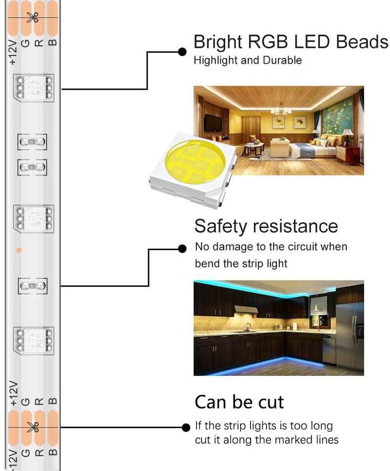 [AUSTRALIA] - 50Ft/15M Bluetooth RGB LED Strip Lights - Music Sync LED Light Strip Controlled by Smart Phone APP - 450LEDs RGB LED Light Strips Full Kit with Remote Controller for Party, Living Room 50Ft 