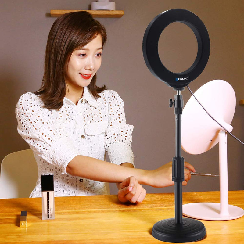 Andoer LED Ring Light with Round Base Desktop Mount with Cold Shoe Tripod BallHead or Studio Photography Video Shooting