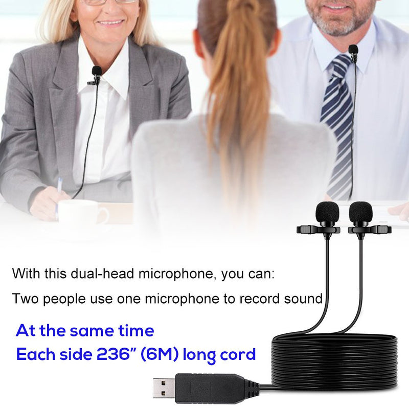 [AUSTRALIA] - USB Microphone 236" (6m) Dual Head Lavalier Lapel Mic Professional Clip-on Shirt Omnidirectional Condenser Microphones for Computer PC,Laptop,Recording YouTube,Interview,Video Conference,Podcast USB Dual Mic 