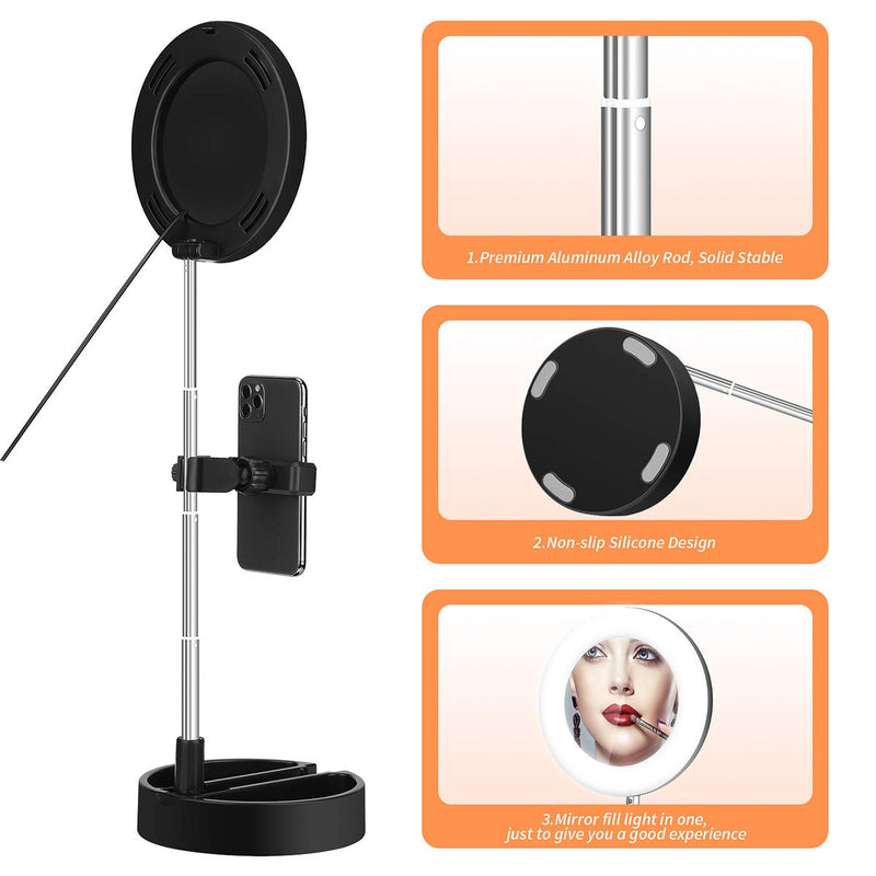 Portable Multi-Functional 6.3" Dimmable LED Selfie Continuous Video Halo Ring Light Zoom Live Stream Phone Holder Stand with Makeup Vanity Mirror Foldable Online Meeting Table Lamp (Pink) Pink