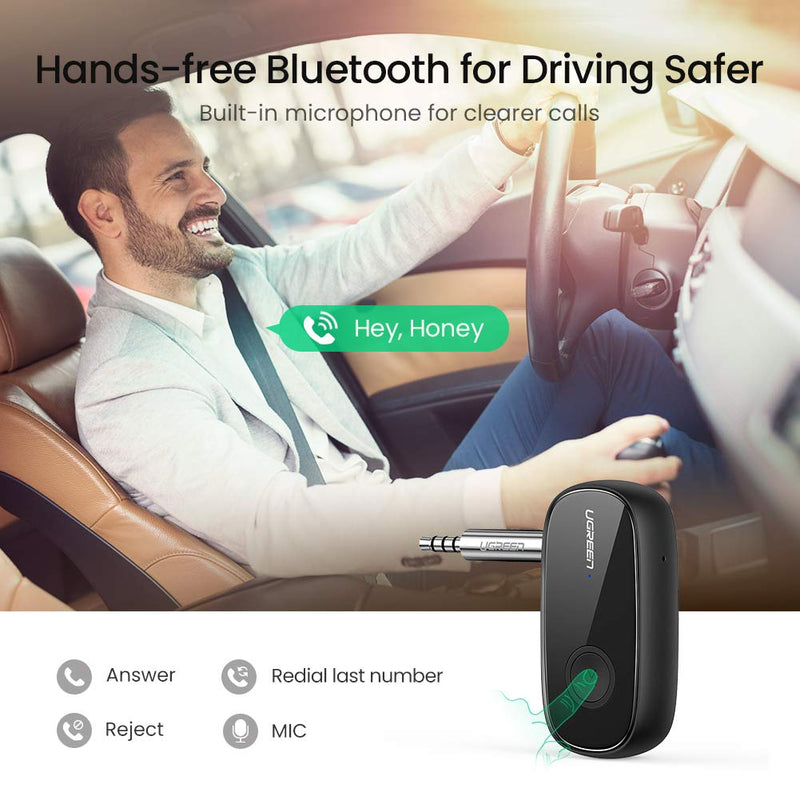 UGREEN Bluetooth Receiver Wireless Bluetooth 5.0 Car Adapter Portable Wireless Audio Adapter 3.5mm Aux for Music Streaming Sound System Speaker Headphones Hands-Free Car Kit with Microphone