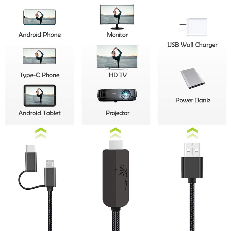 YEHUA 2-in-1 USB Type C/Micro USB to HDMI Adapter Cable Support Netflix, MHL to HDMI Adapter for Android Devices 1080P Digital AV Mirroring Phone to TV/Projector/Monitor 6.6feet Bluetooth connection sound