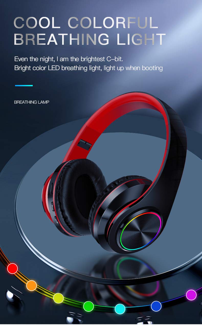 Amazing 7 LED Bluetooth Headphones with 8Hours Playtime, Wireless Headsets Over Ear, Hi-Fi Stereo, Multi-Colored Breathing Led, Built-in Mic, Snug Fit Earphones for Game Video DJ (Black) Black