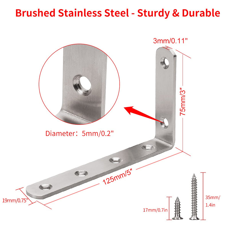 YUMORE L Bracket, 5" x 3" Max Load: 35lb/15KG Heavy Duty Stainless Steel Solid Shelf Support Corner Brace Joint Right Angle Bracket, Pack of 4 5"x3" Brushed Nickel