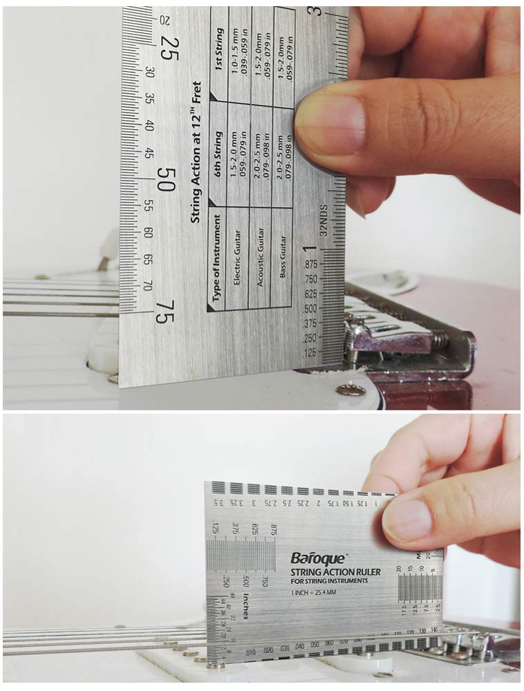 Double Sided Multi Function String Action Ruler Gauge Tool Both Metric & Imperial,Guitar Measuring Ruler,Luthier Tool for Electric, Acoustic & Bass Guitars