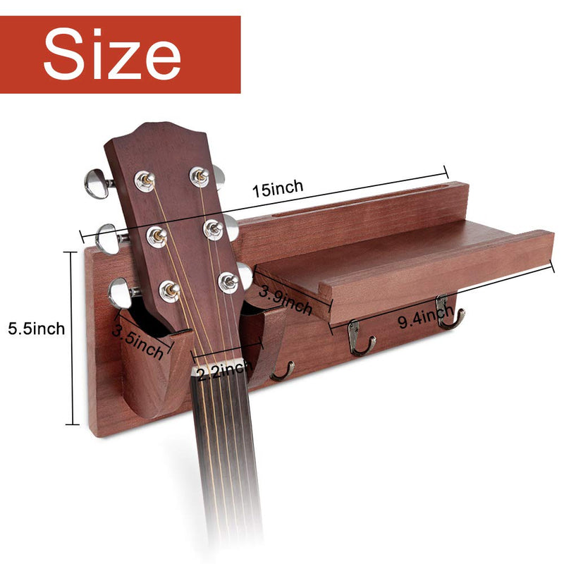 Guitar Wall Hanger, Guitar Stand with Storage Shelf and 3 Metal Hook, Guitar Wood Hanging Rack for Electric Guitar, Acoustic Guitar, Bass Guitar, Guitar Accessories