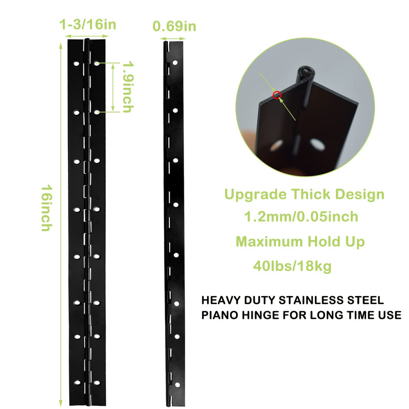 4PCS 16Inch Black Continuous & Piano Hinges, Heavy Duty Stainless Steel Piano Hinge with Hole, 0.05" Thickness/1.2" Open Width Folding Cabinet Door Butt Hinge