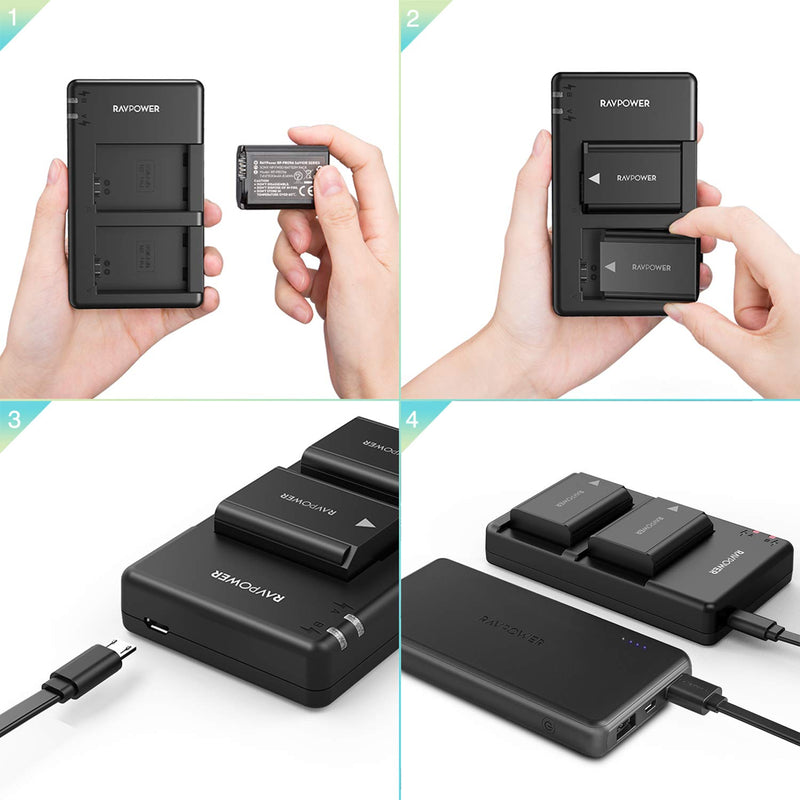 NP-FW50 RAVPower Camera Batteries Charger Set with Battery Case for Sony A6000 A6400 A6300 A6500 A7 A7II A7RII A7SII A7S A7S2 A7R A7R2 A55 A5100 RX10 (2-Pack, Micro USB Port, 1100mAh) (RP-PB056-011)