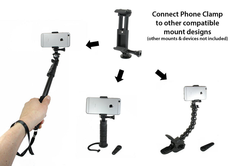 Action Mount® - Locking Smartphone Mount Accessory Setup. Tripod Adapters, Quick Clip, Screw Adapter, Spring Loaded Smartphone Holder, Wrench. (Phone Mount Setup) Phone Mount Setup