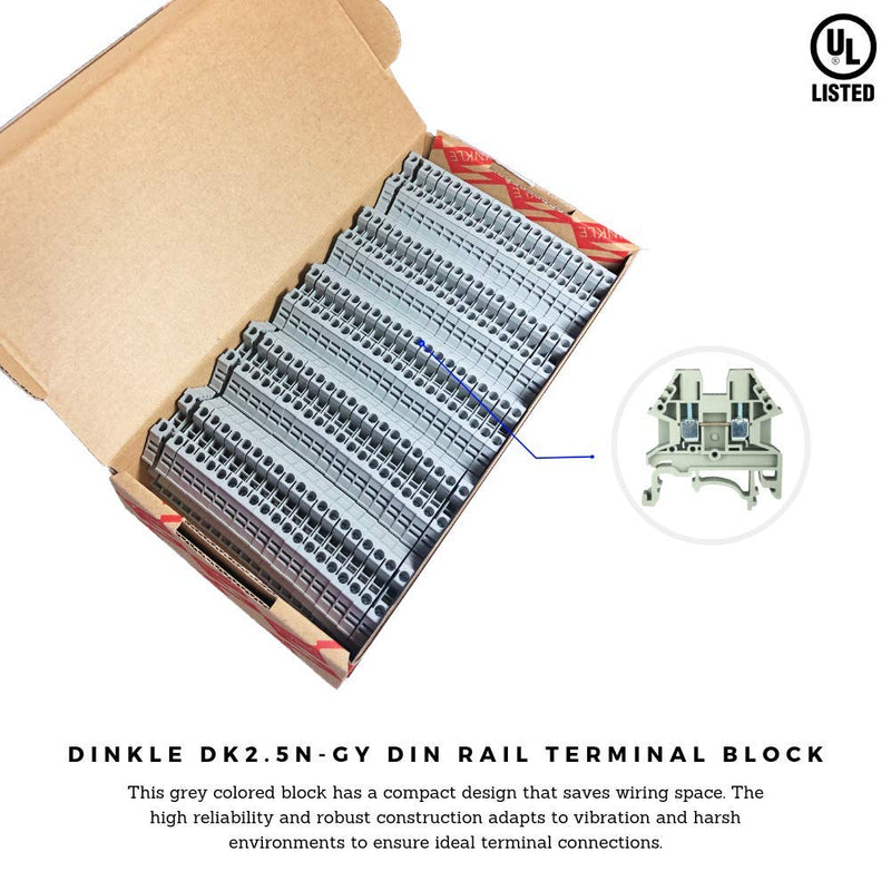 [AUSTRALIA] - Dinkle Gray DK2.5N-S13109 DIN Rail Terminal Block Screw Type UL 600V 20A 12-22AWG, Pack of 100 Grey 
