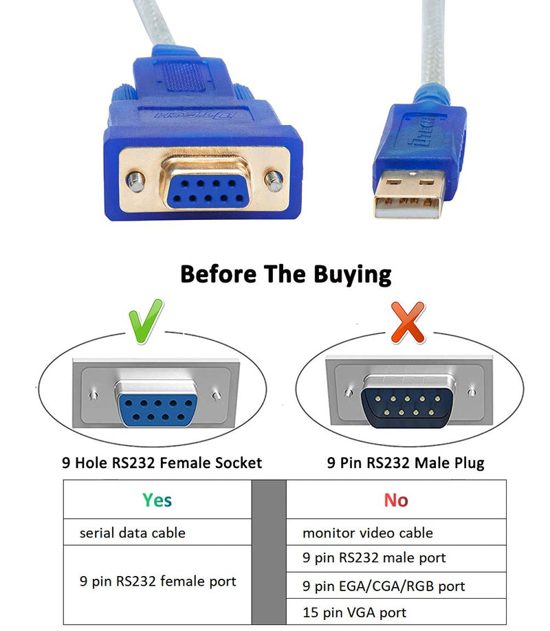 DTECH 3 Feet USB to Serial Female Adapter Cable DB9 RS232 to USB 2.0 Cord with Prolific PL2303 Chip Windows 10 8 7 Mac Linux 3ft RS233 cable